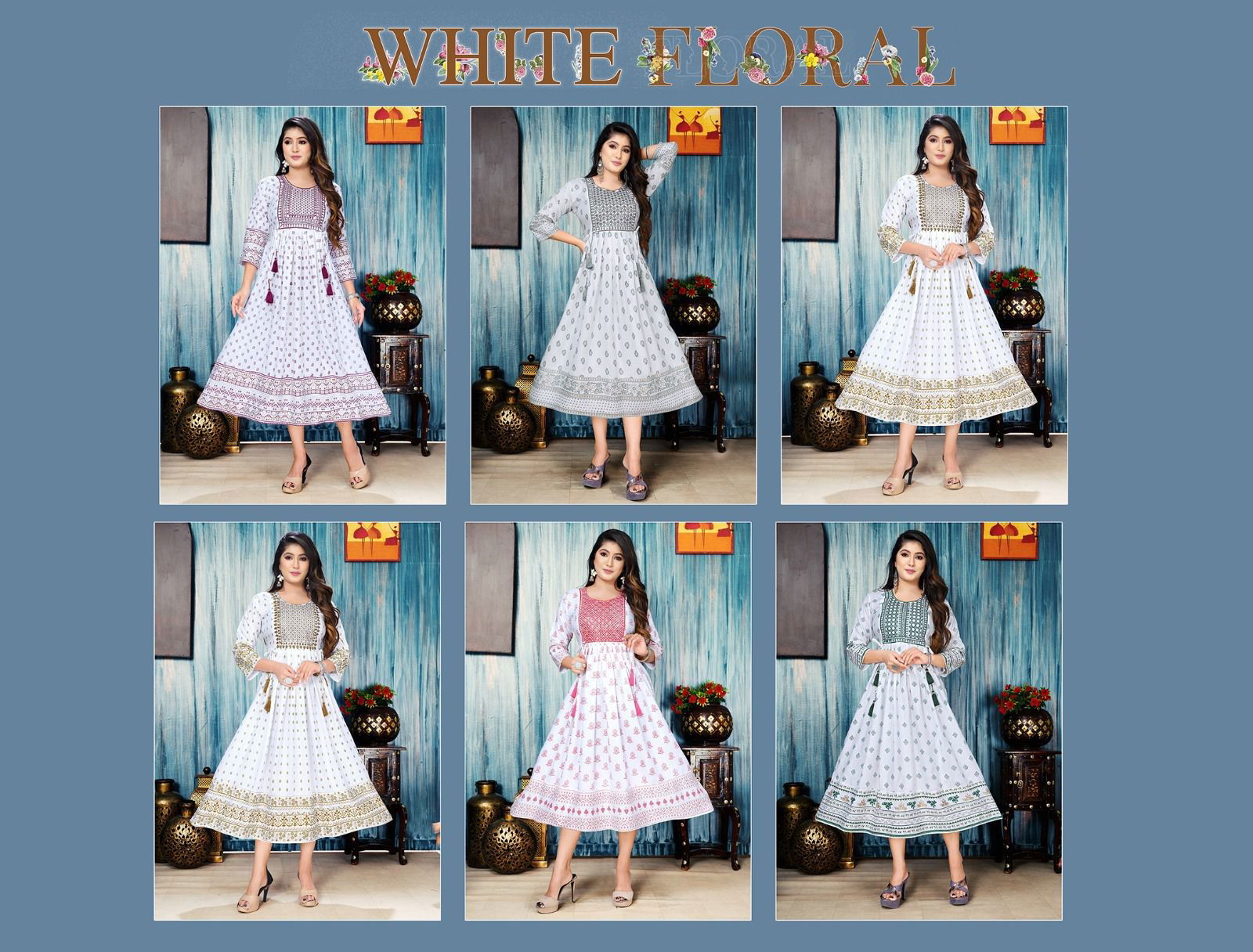Golden White Floral Printed  Anarakli Kurtis Catalog
